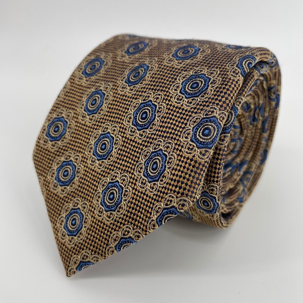 Jos. A. Bank Reserve Men's Silk Tie Gold Blue Medallion Floral Geometric Woven
